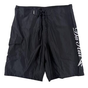 Da Hui Board Shorts Mens 38 Black Solid Cargo Pocket Surf Swim Trunks Quick Dry